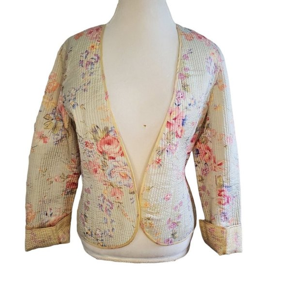 Womens Sz‎ Medium 8 Yellow Floral Quilted Jacket Thin Reversible Open Front - Picture 2 of 10